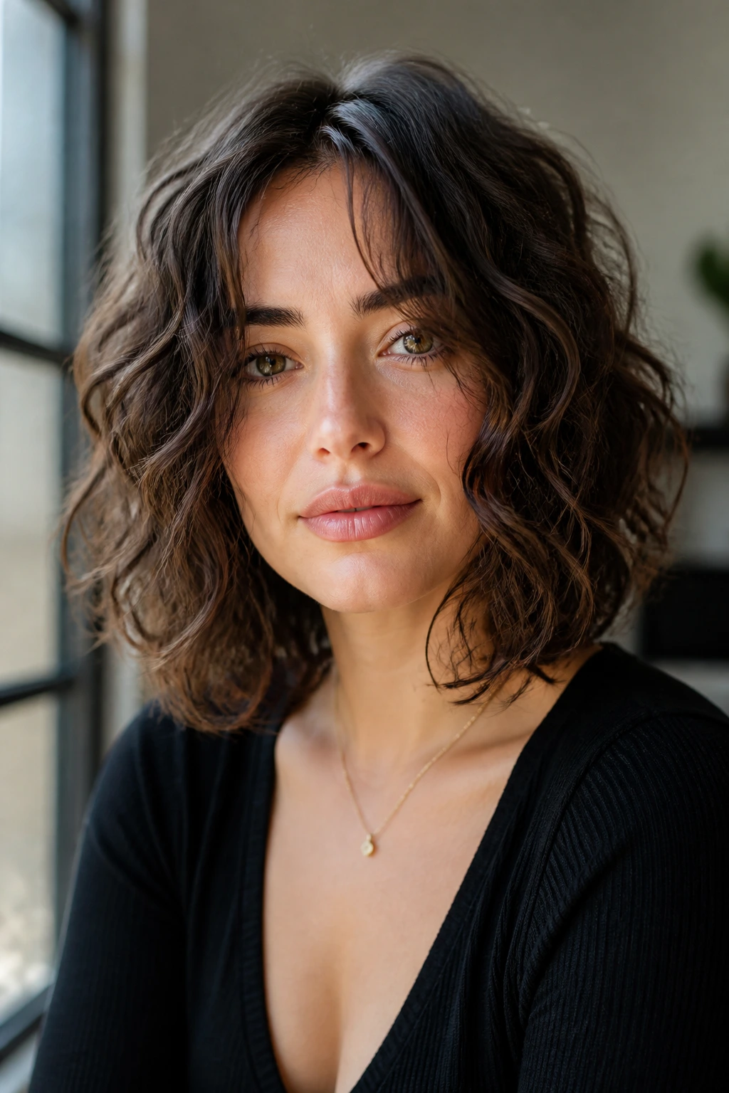 Portrait of woman with soft front lob curly hairstyle framing the face
