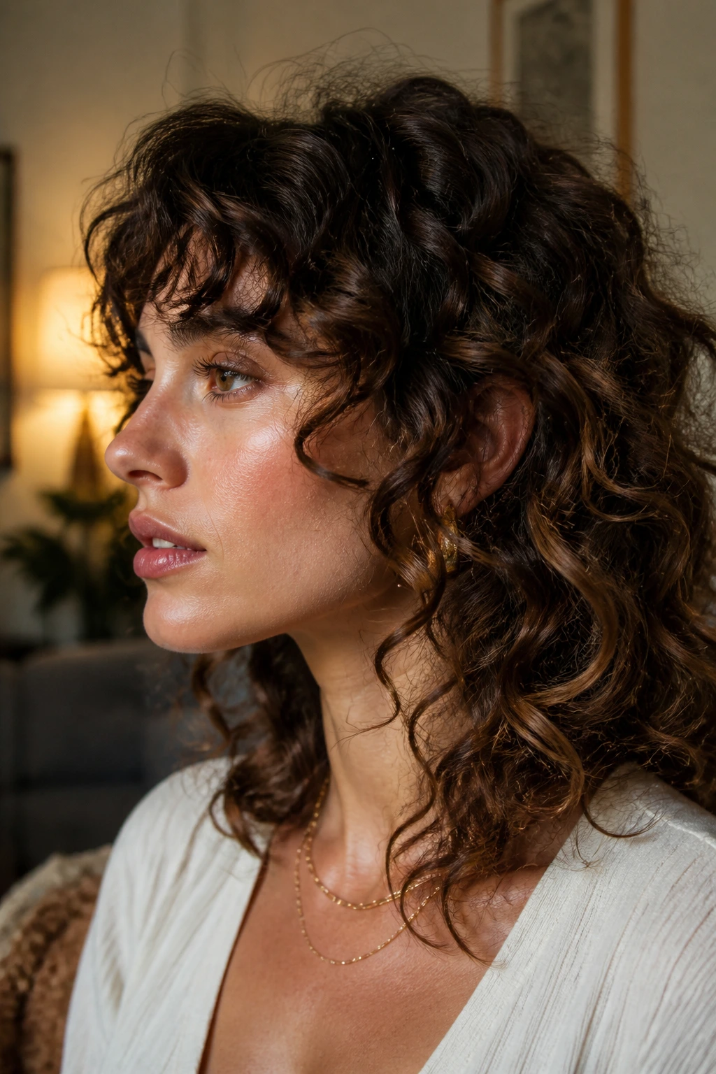 Profile portrait of a person with curly hair softening a square jawline