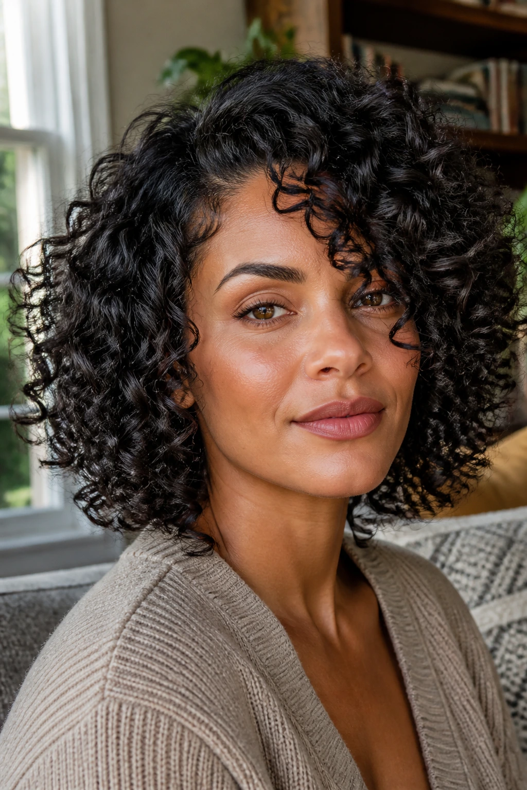 Close-up of curly hair framing a square face to soften angular features