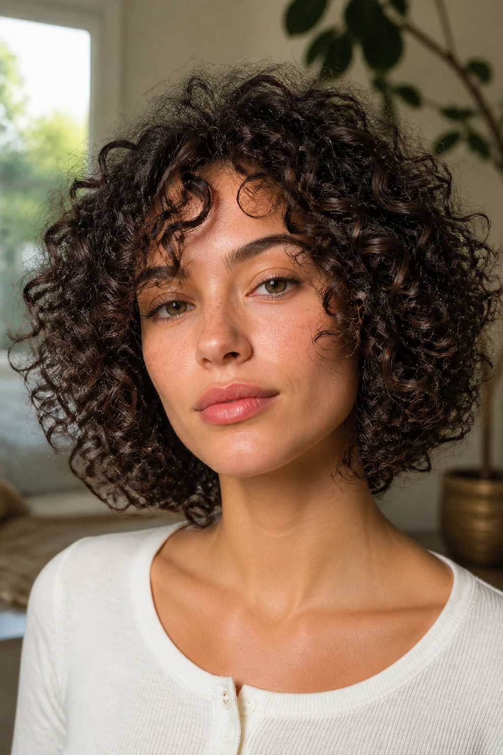 Close-up portrait of a real person with curly hair framing a square jaw