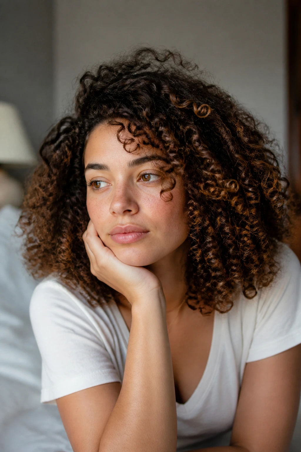 Close-up portrait of a person with curly hair in soft morning light