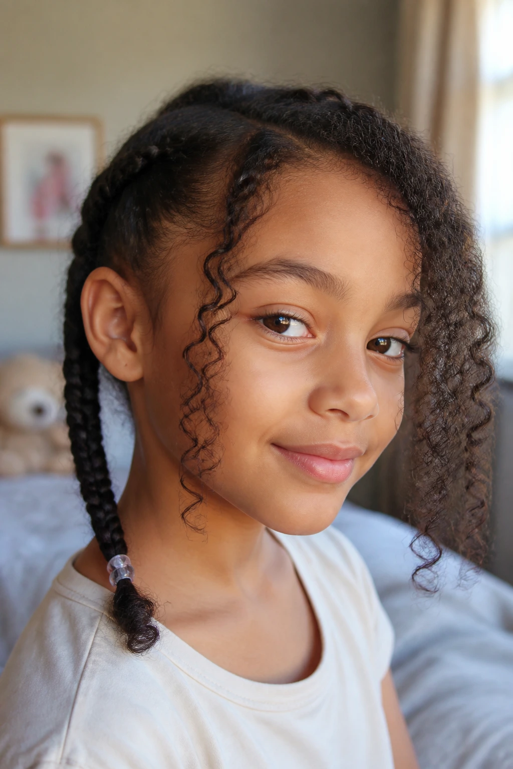 Close-up of a child's curly hair with slight stretch and braid hold.