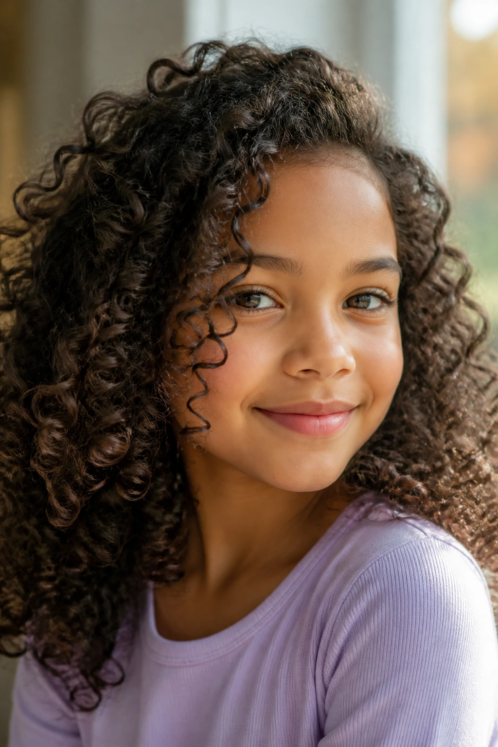 Close-up portrait of a girl with curly hair showing natural crown volume and defined curls.