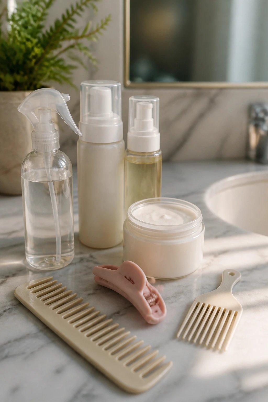 Close-up of a small, generic styling kit for curly hair on a bathroom counter