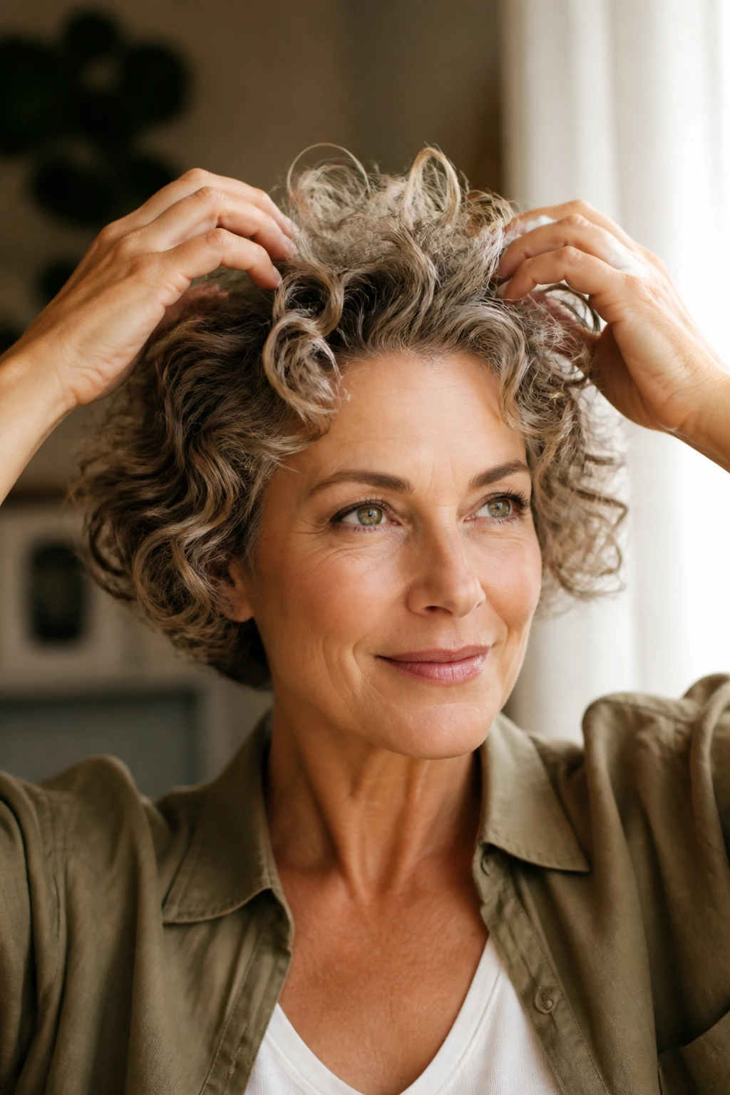 Portrait of a woman with a short curly bob demonstrating crown lift styling move