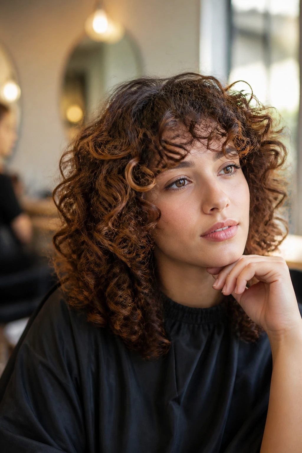 Close-up portrait of a real person with curly hair in a salon to illustrate choosing a stylist who understands curls