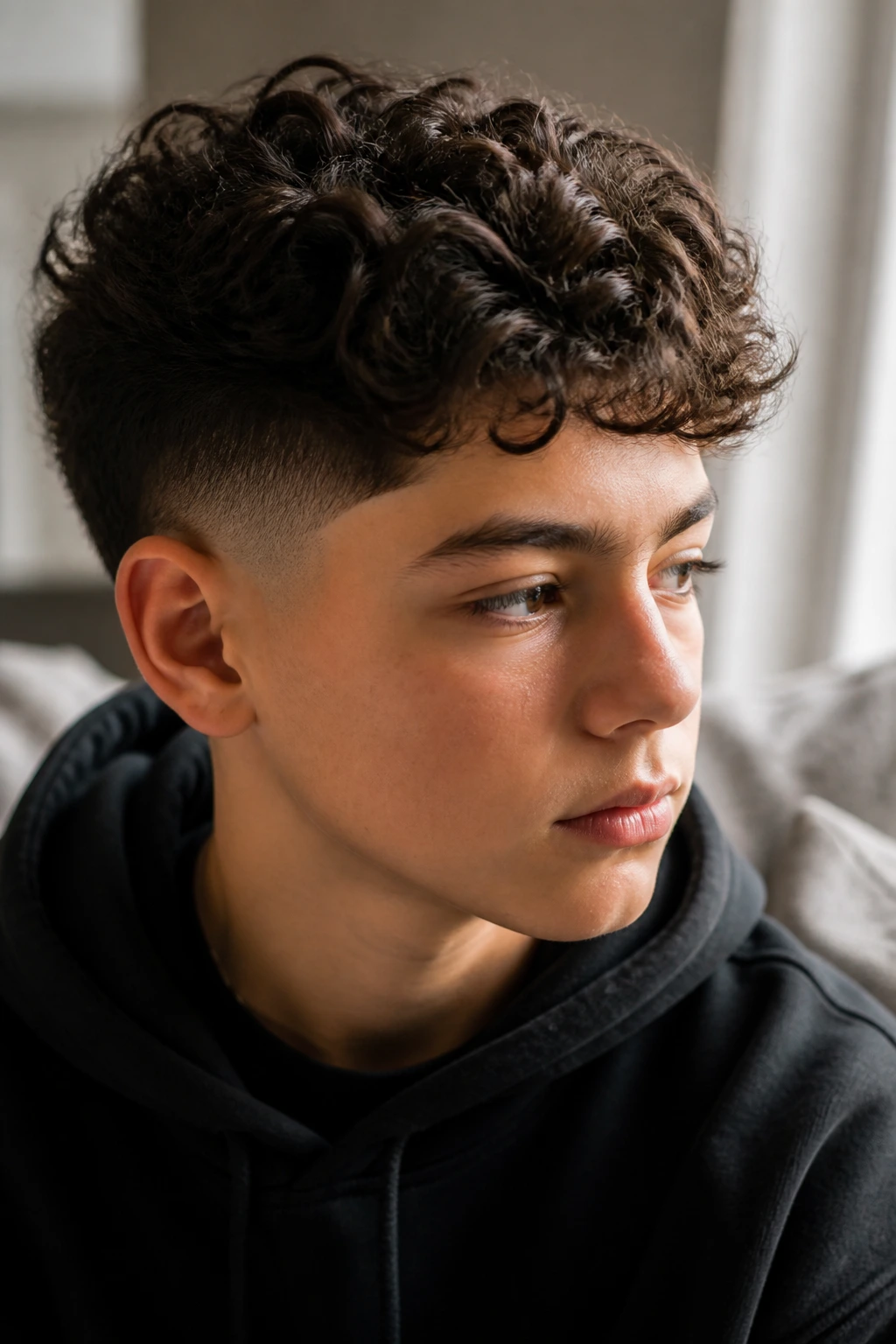 Portrait of a boy with curly hair and a tapered sides, highlighting smoother curl outline.