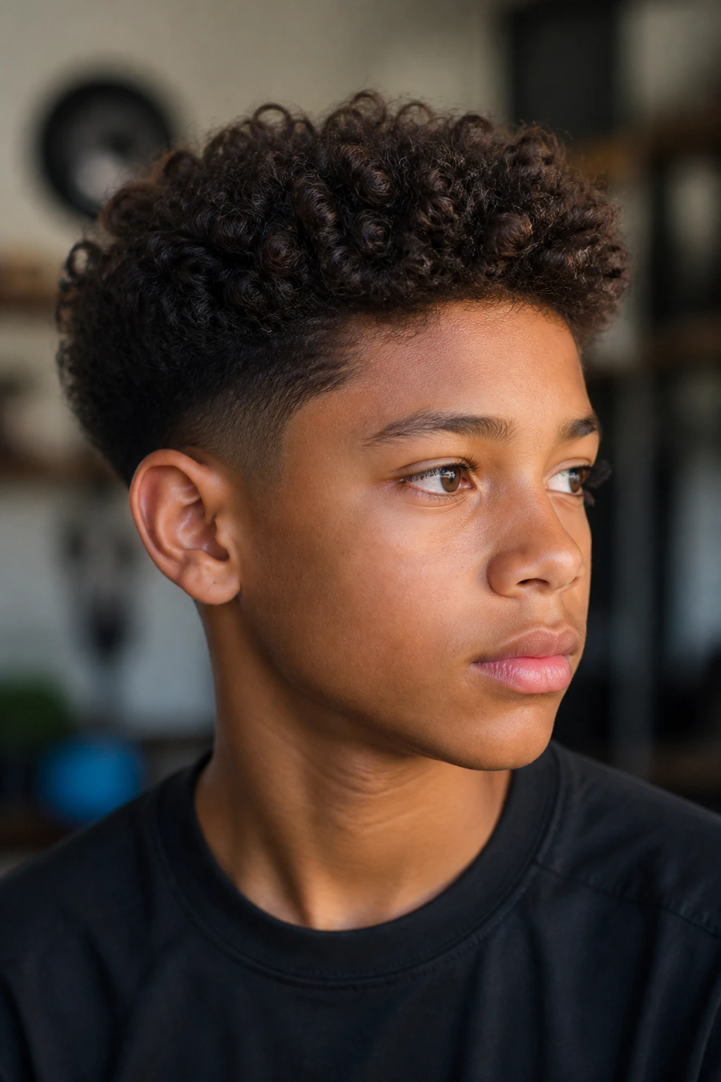Portrait of a boy with a clean perimeter taper and natural curling top