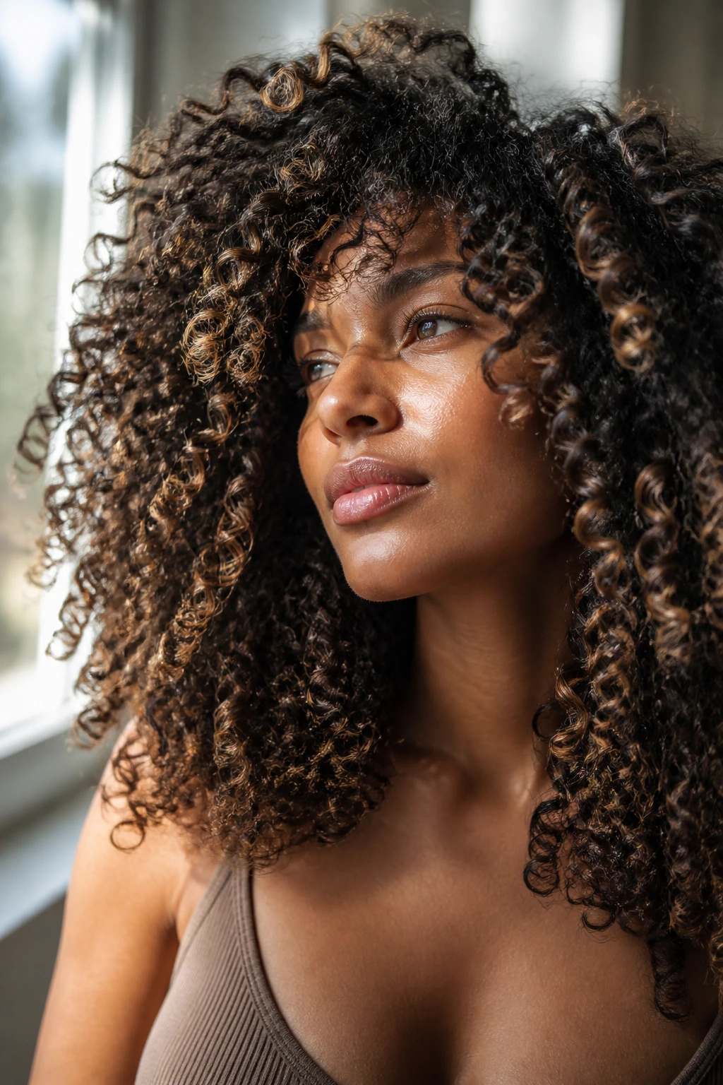 Close-up portrait showing how curly texture affects highlight readability.