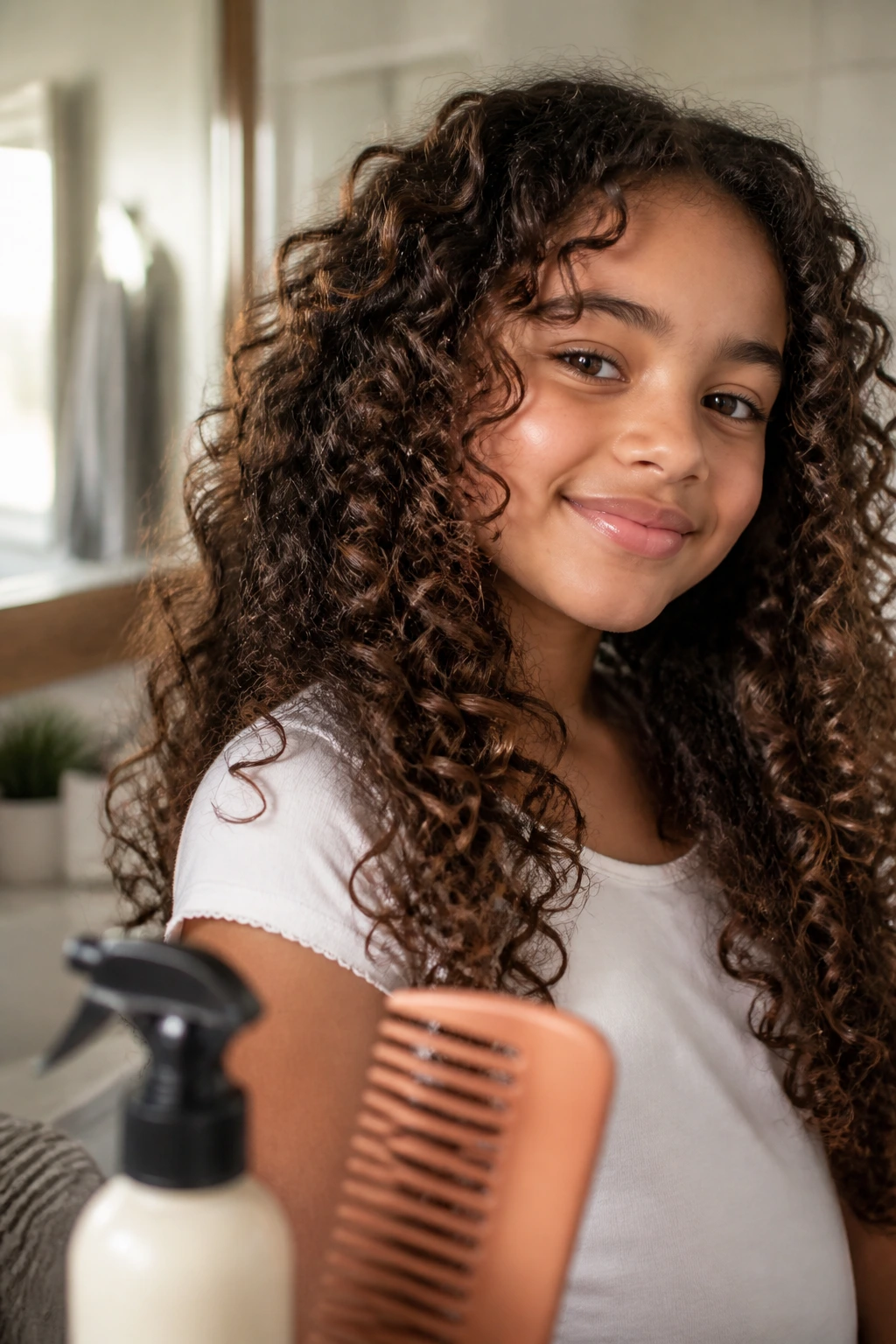 Close-up of a girl with curly hair with styling tools like a spray bottle and comb nearby