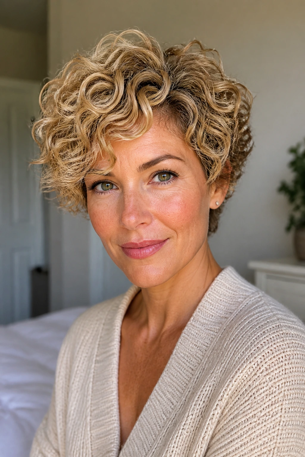 Real person with controlled short curly hairstyle, no tools visible
