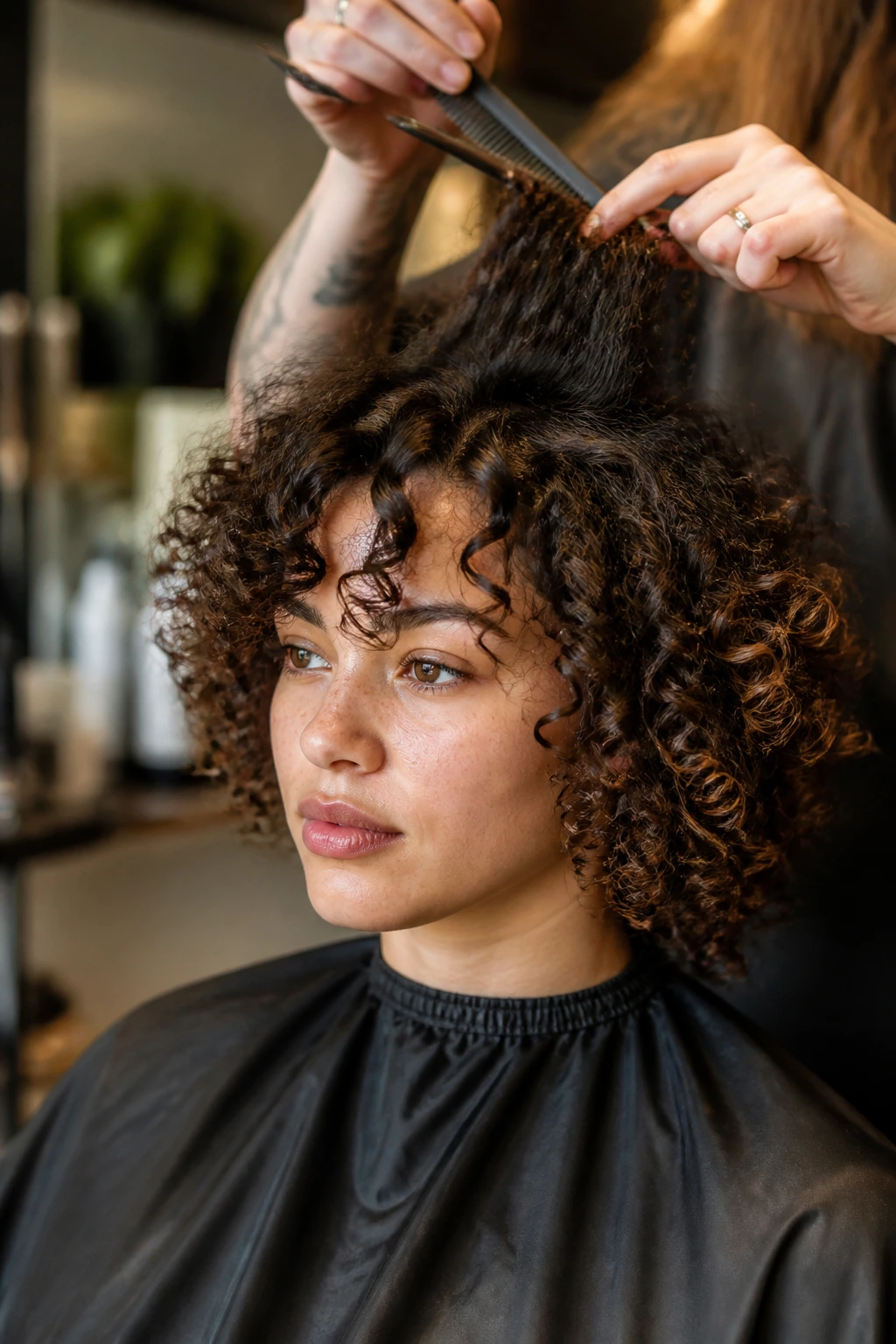 Close-up of a real person with curly hair in a salon during a refresh and trim, highlighting front curls and crown.