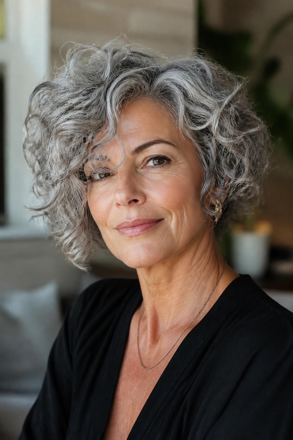 Real woman with bold face-framing curly hair in a home setting