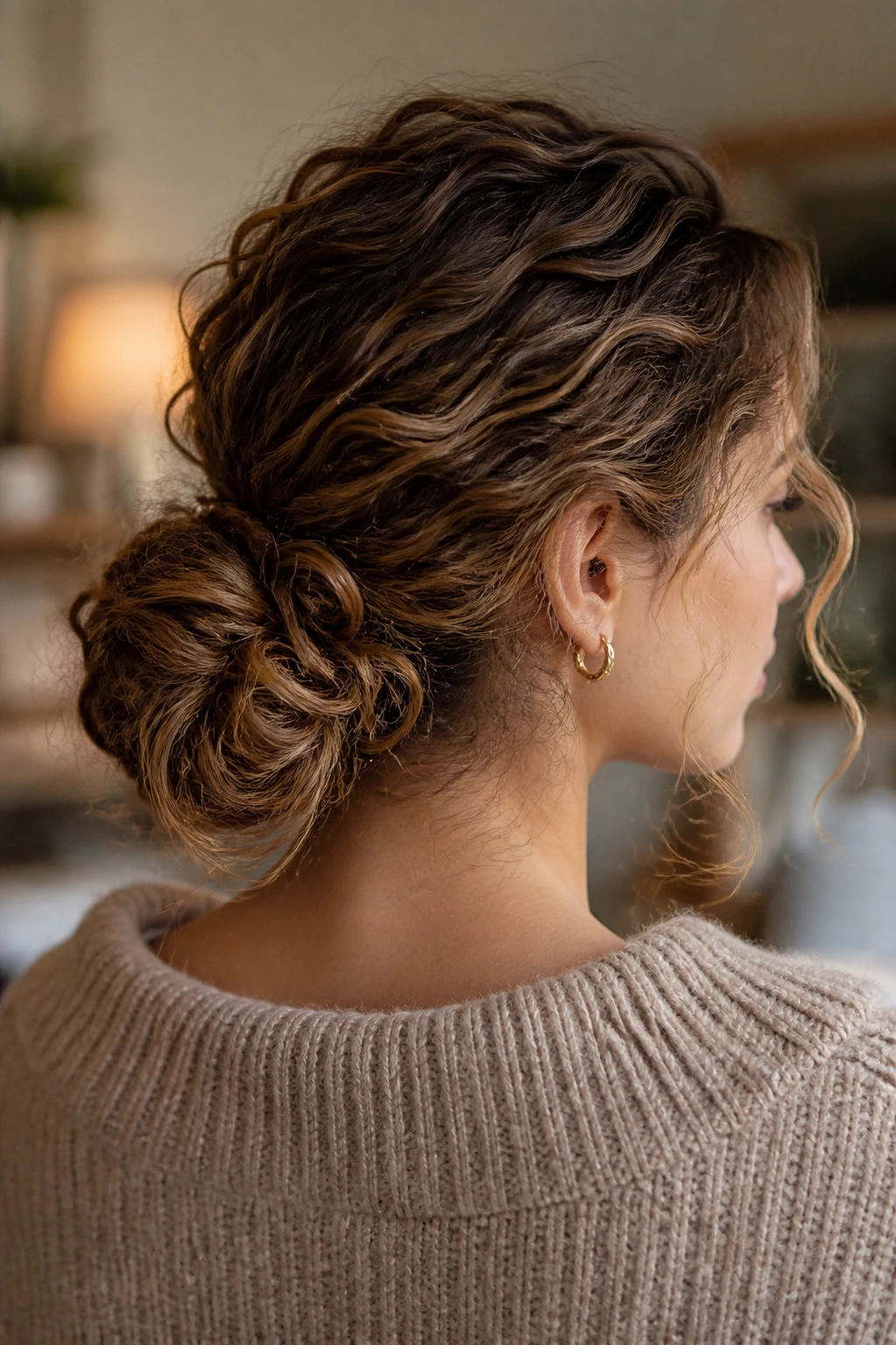 Close-up of a real woman with a low bun variation keeping curls visible