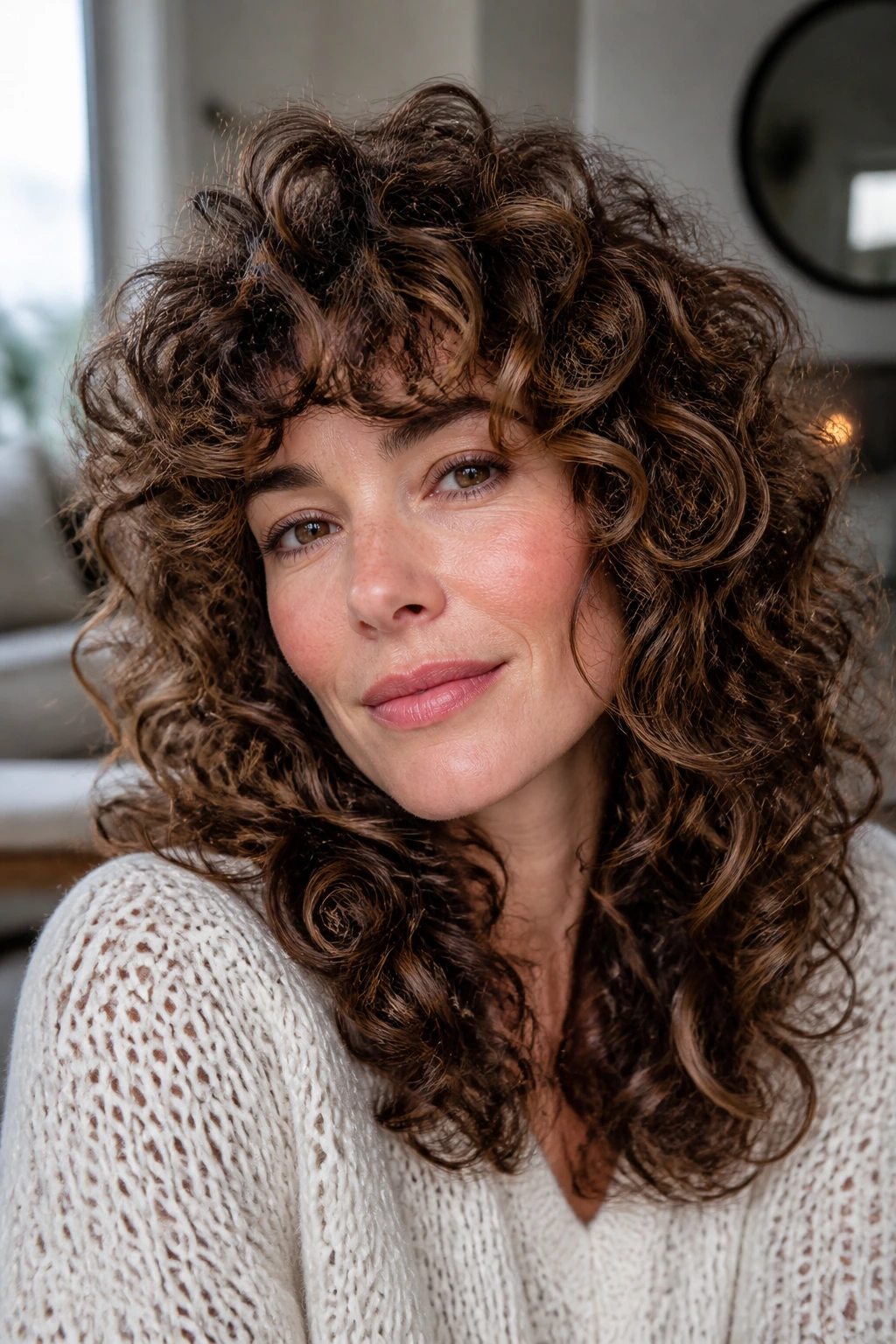 Close-up of curly hair showing variation in layering and lowlights on a real person