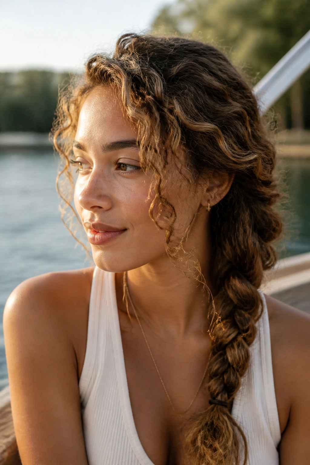 Portrait of a woman with curly hair in a side braid outdoors by a lake