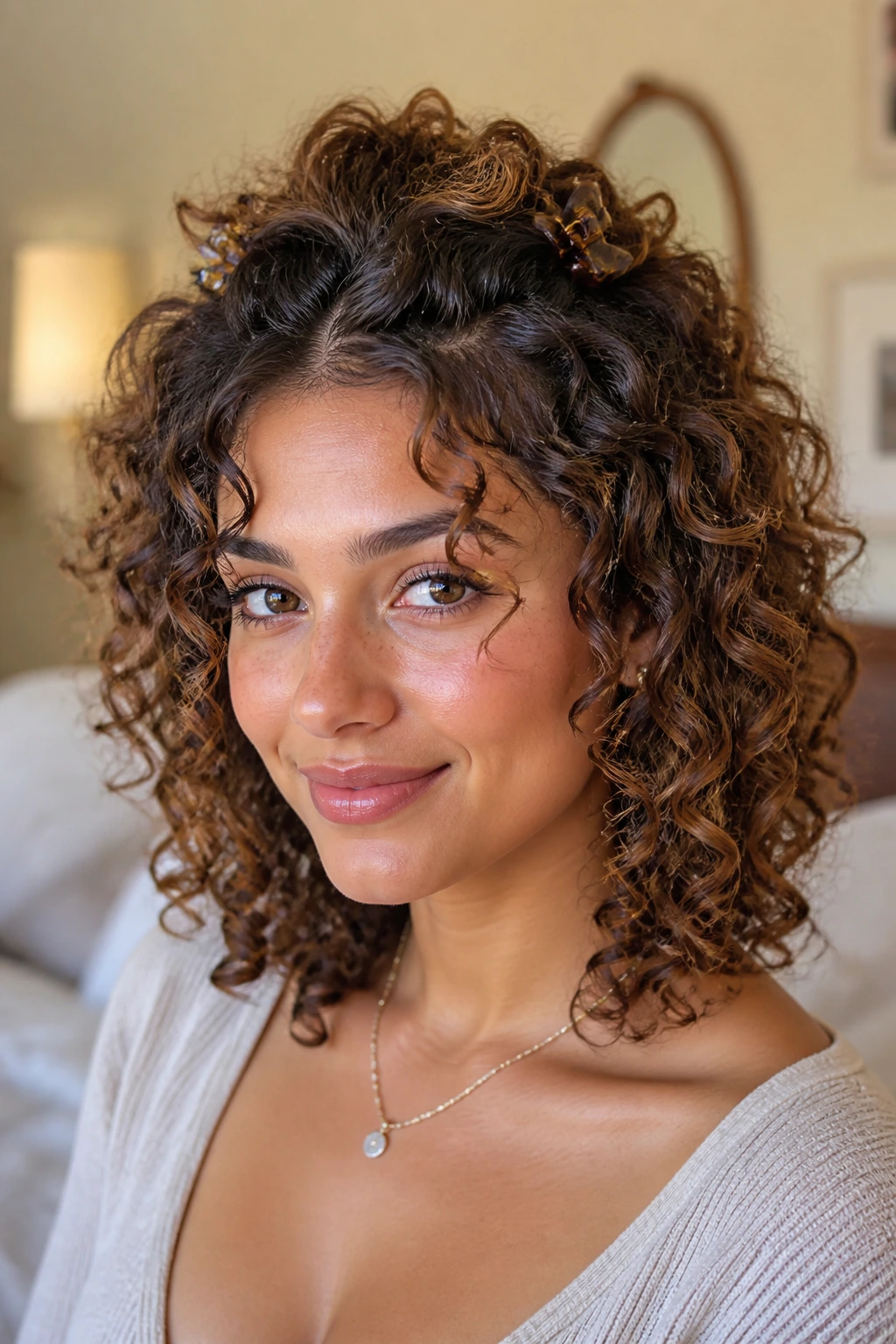 Close-up of a real woman with curly hair showing crown lift from clips