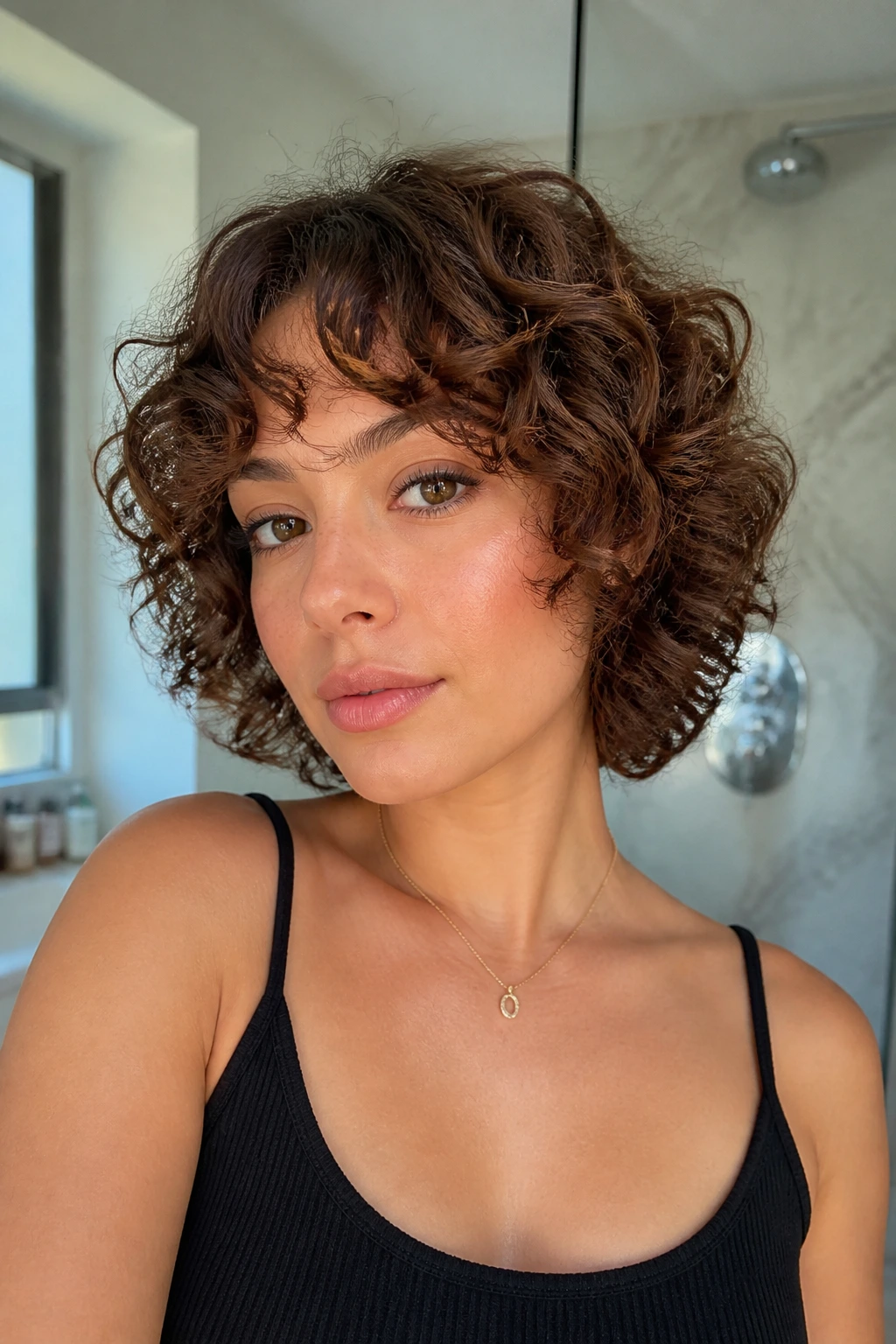 Portrait of a real woman with curly hair and curtain bangs in a bathroom.