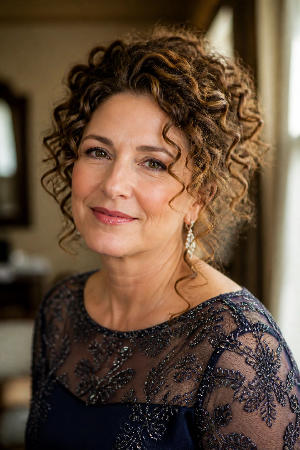 Close-up of a real woman with defined curls in wedding attire