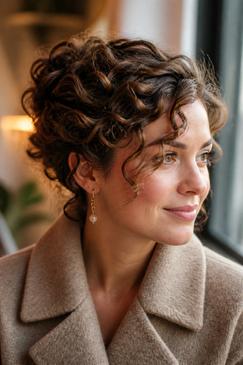 Close-up portrait of a real woman with curly medium hair in a winter-ready updo