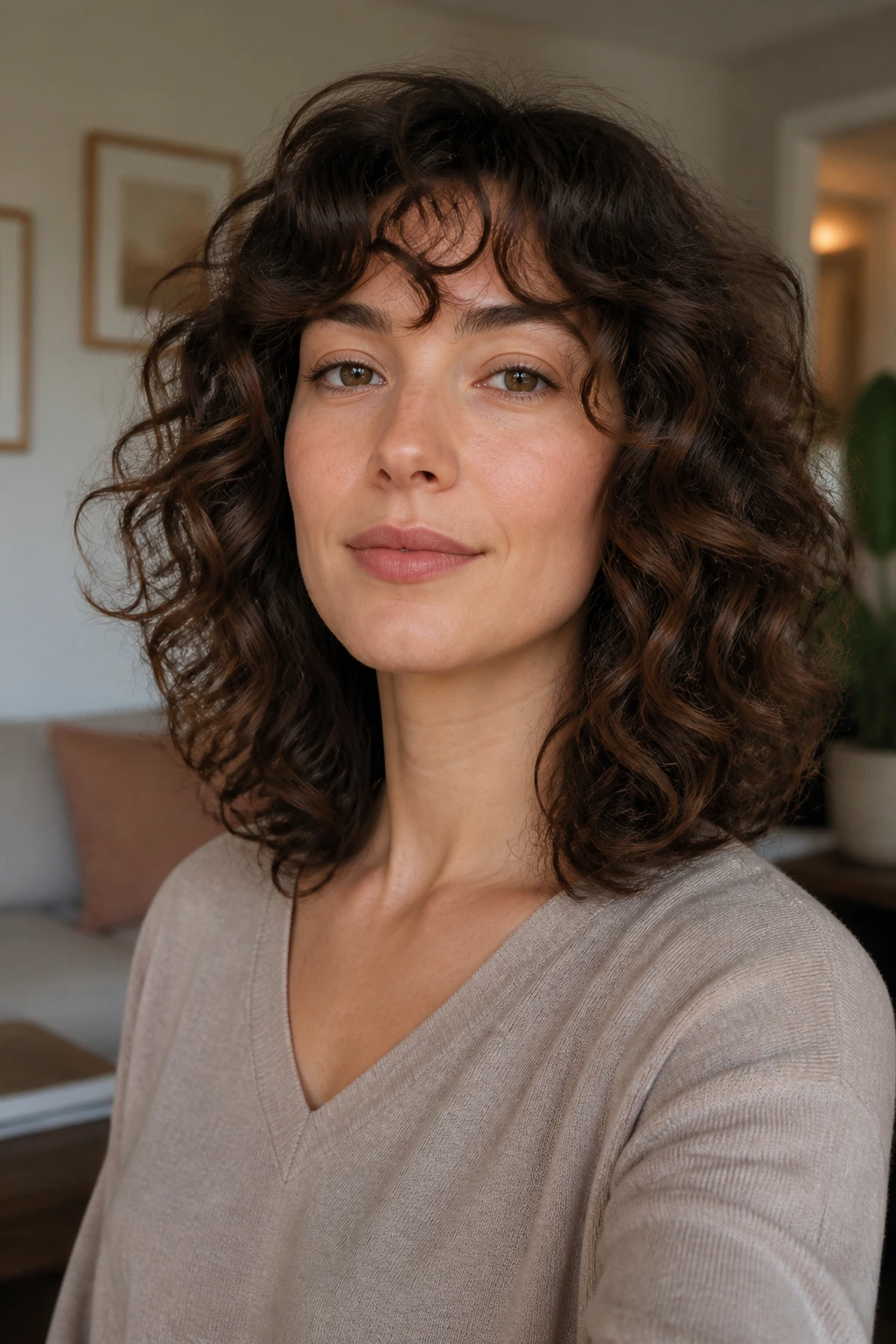 Portrait of a person with a balanced shoulder-length curly cut