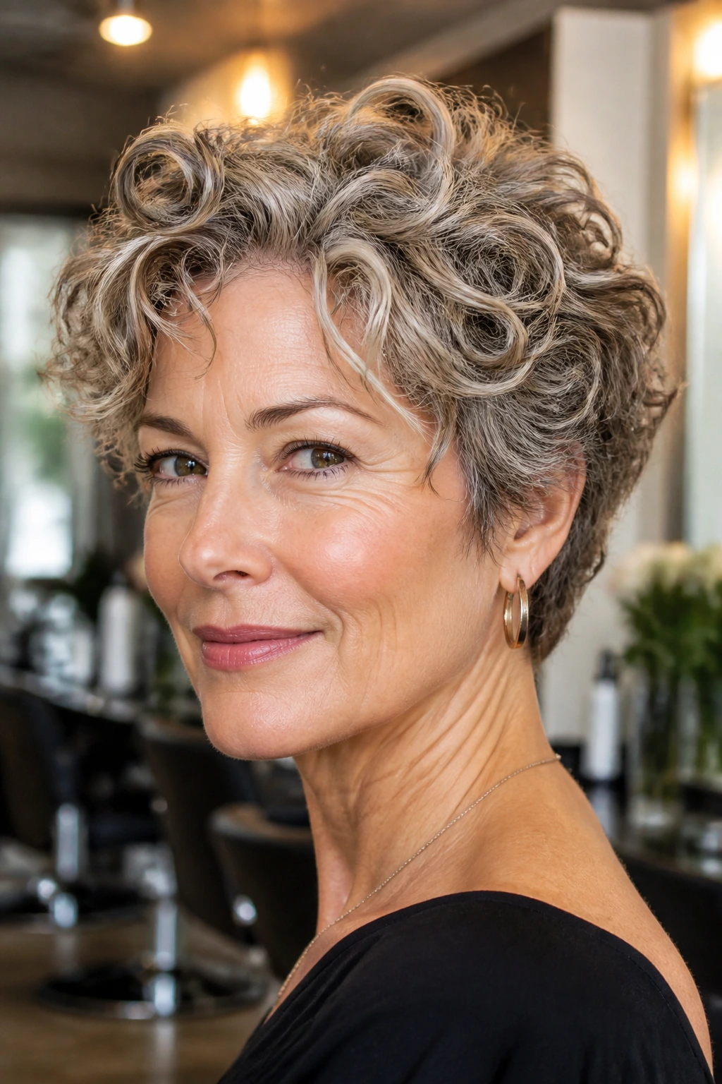 Close-up portrait of a real woman with a curly bob pixie cut, crown lift and breathing room, softly lit natural light