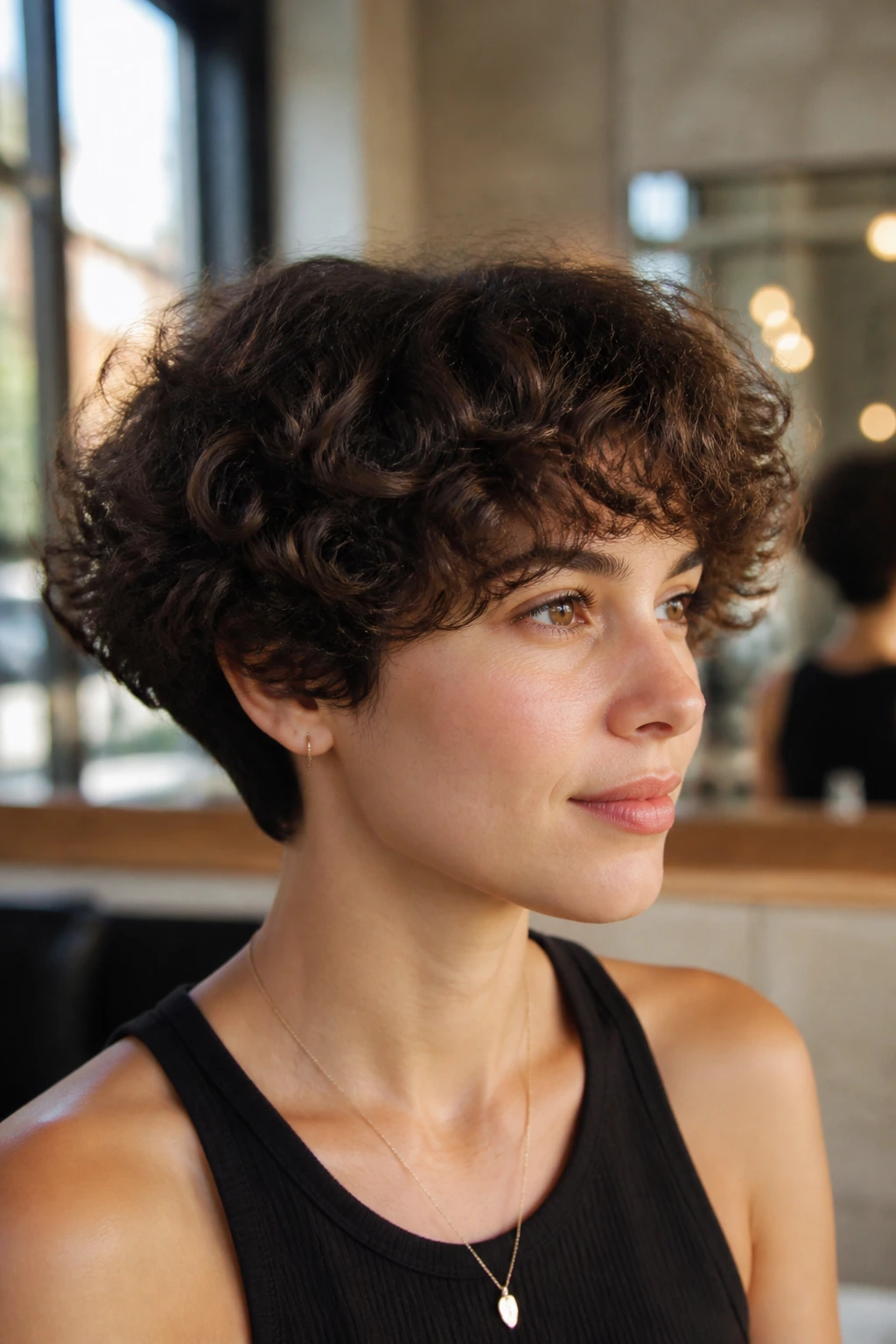 Close-up of a real woman with Curly Bowl Cut with Soft Edges in warm salon light