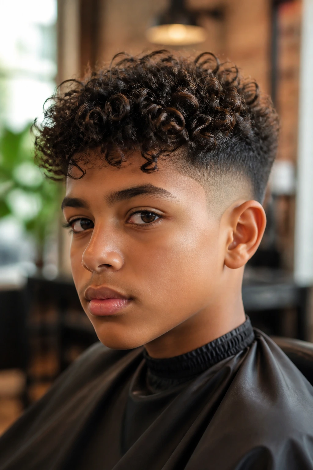 Close-up of a real boy with defined curls and tapered sides in a barber shop