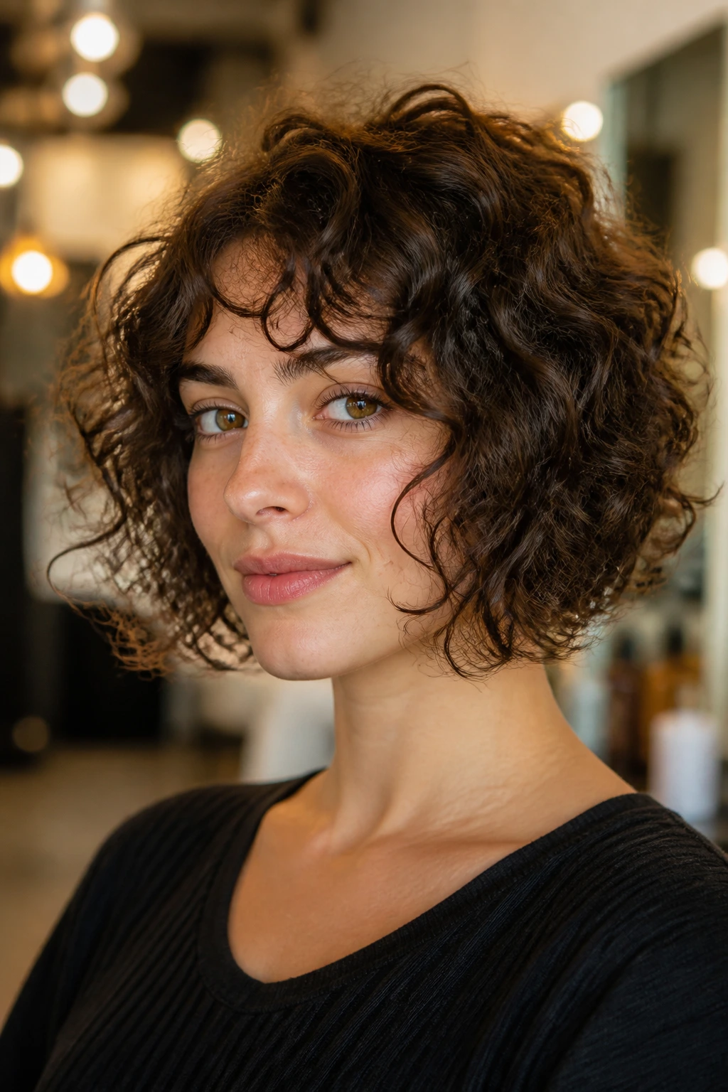 Close-up portrait of a real person with a chin-length curly boyfriend bob in soft natural light