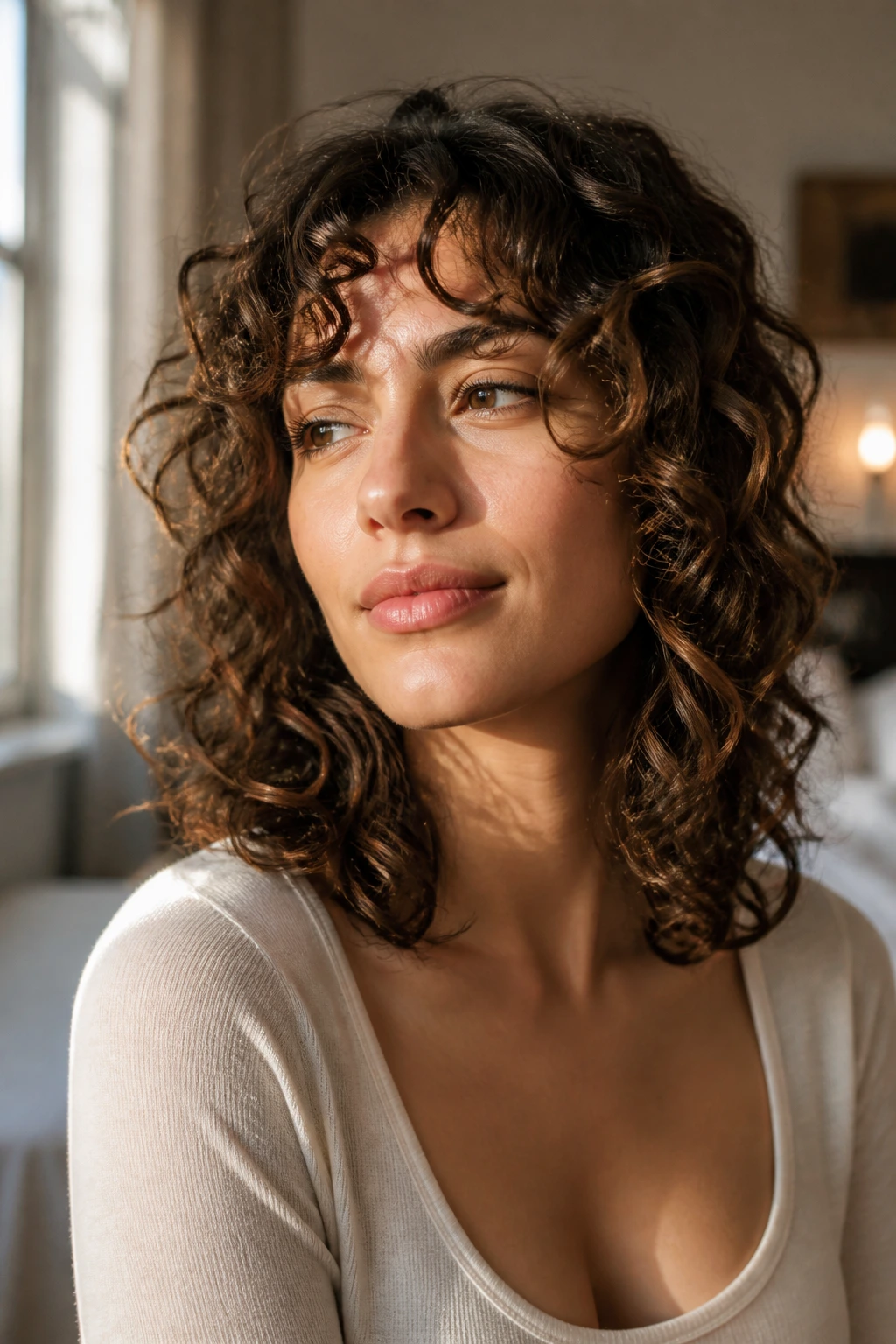Close-up of a real woman with a face-framing curly haircut under natural morning light