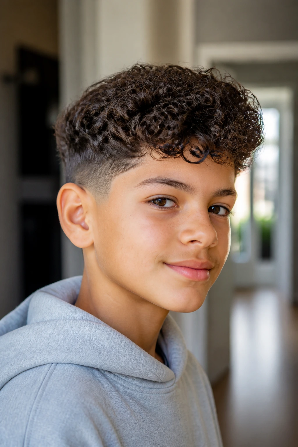 Boy with neat tapered sides in a well-lit home setting