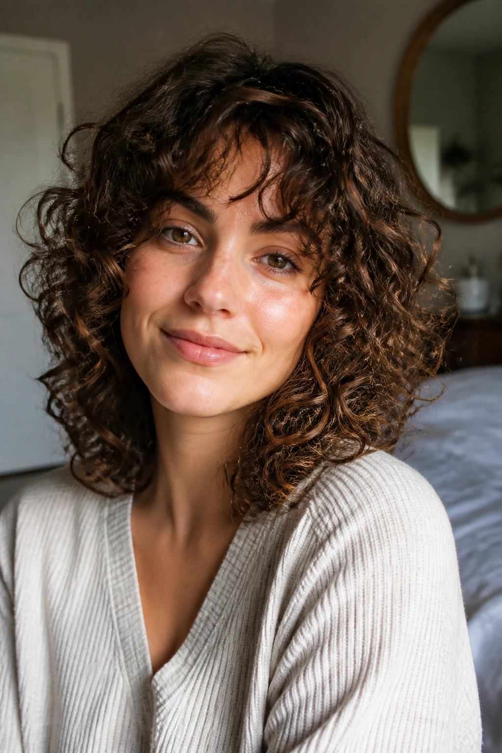 Real woman with curly medium-length cut in soft morning light