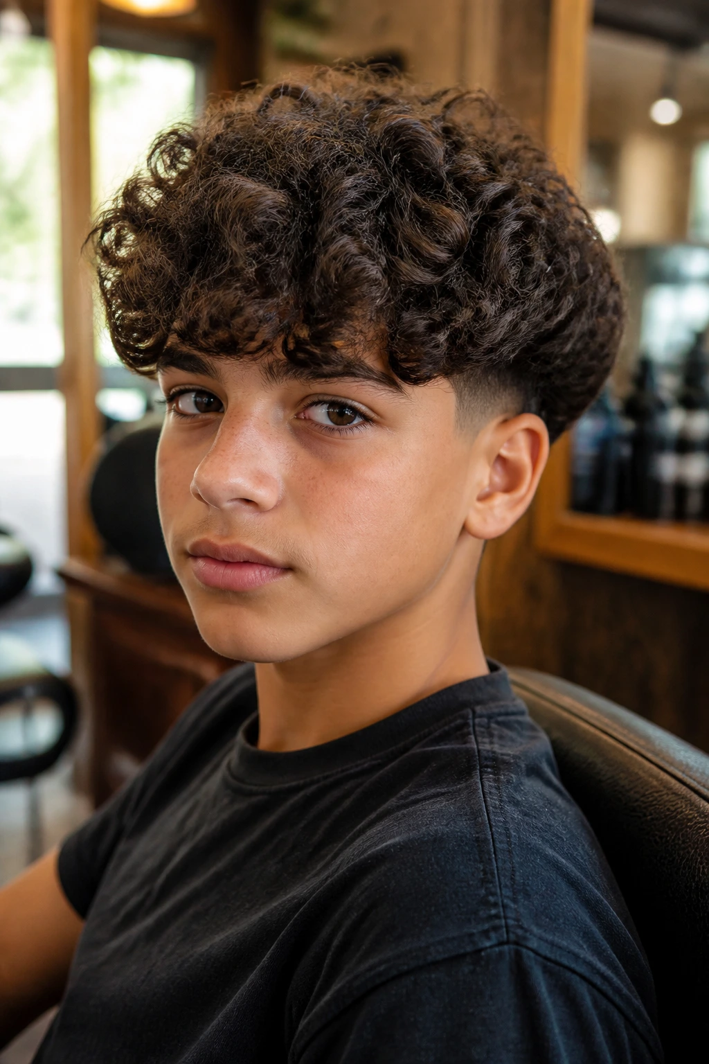 Close-up of a real preteen boy's modern curly bowl cut with soft edges and fringe