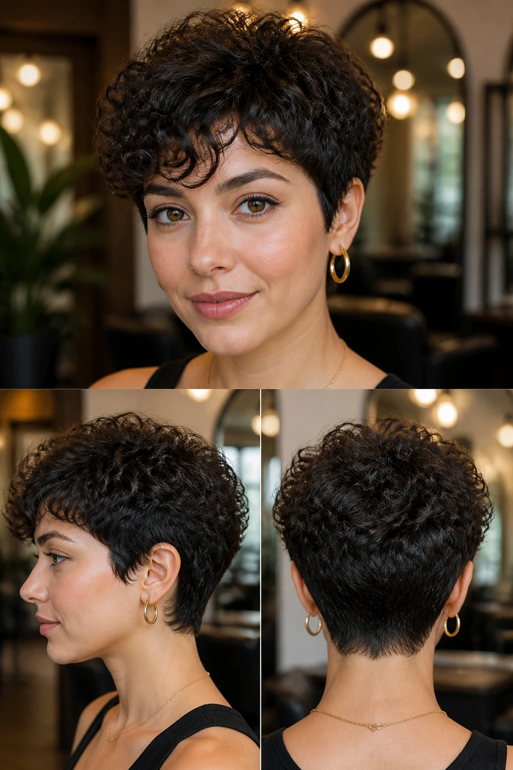 Real person with balanced short curly haircut front and side views