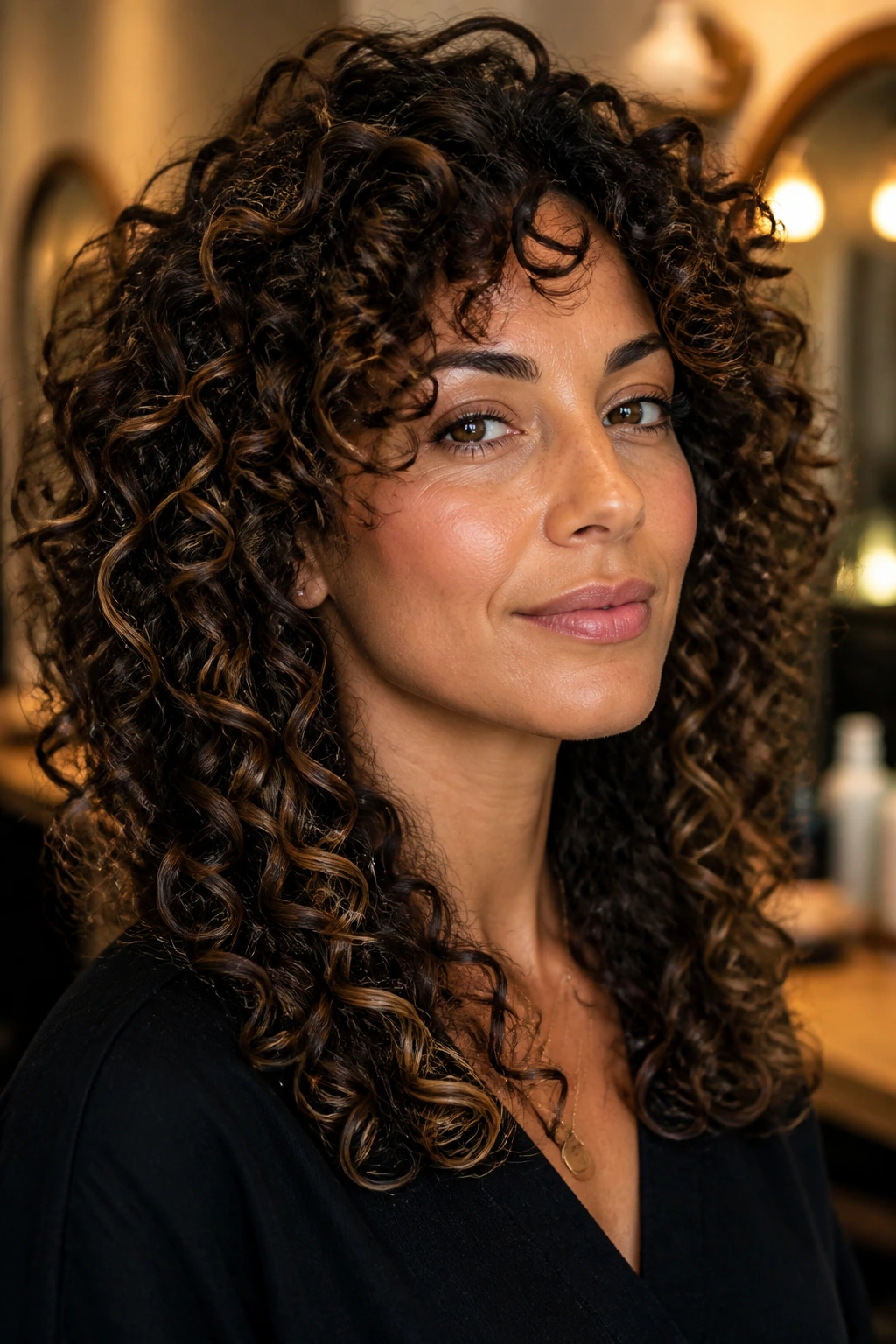 Close-up of a woman showing crown lift and perimeter shape in curly hair