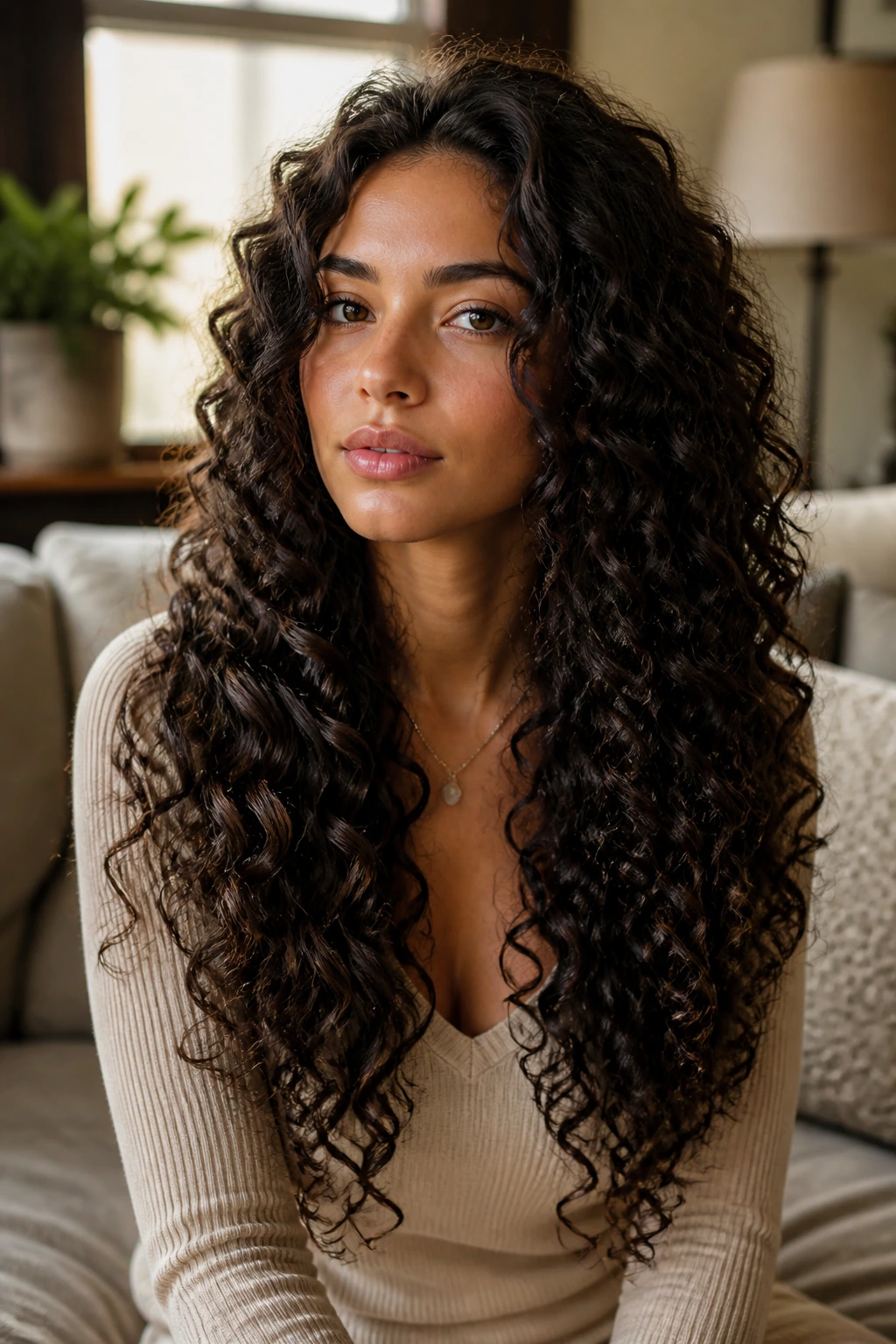Close-up portrait of a woman with long curly hair showing a defined silhouette.
