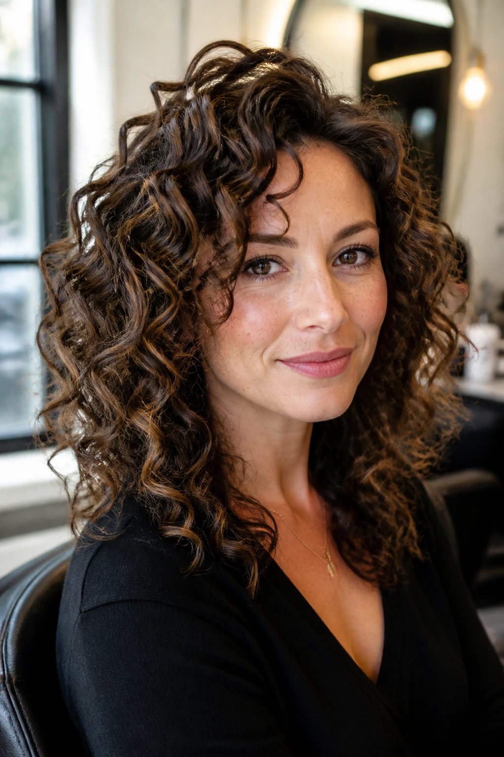 Close-up of a real woman with cheekbone-framing curls and crown lift under warm window light