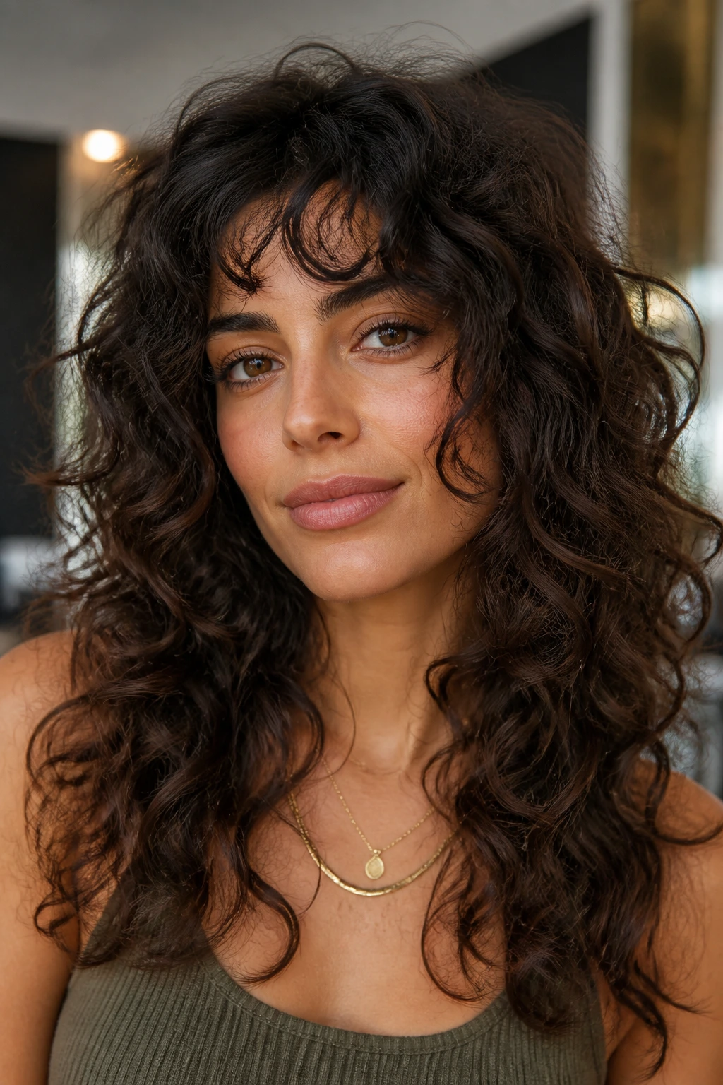 Portrait of a woman with a multi-layer curly shag showing variation