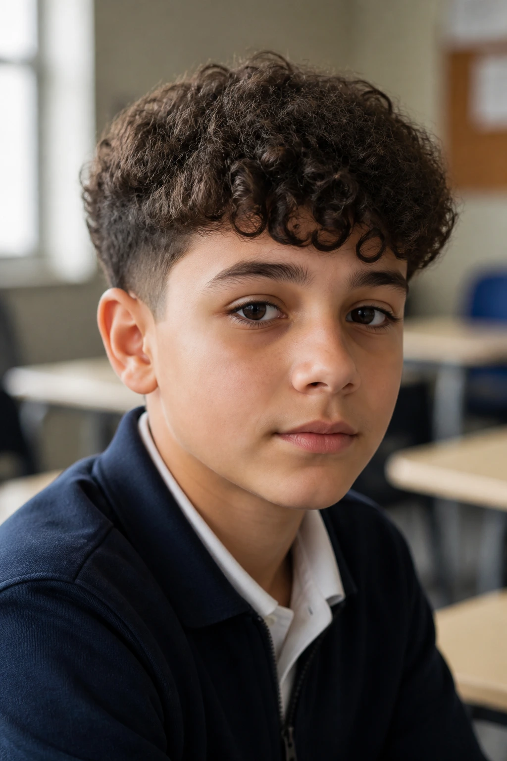 Boy with curly hair in school-day cut with tight fringe