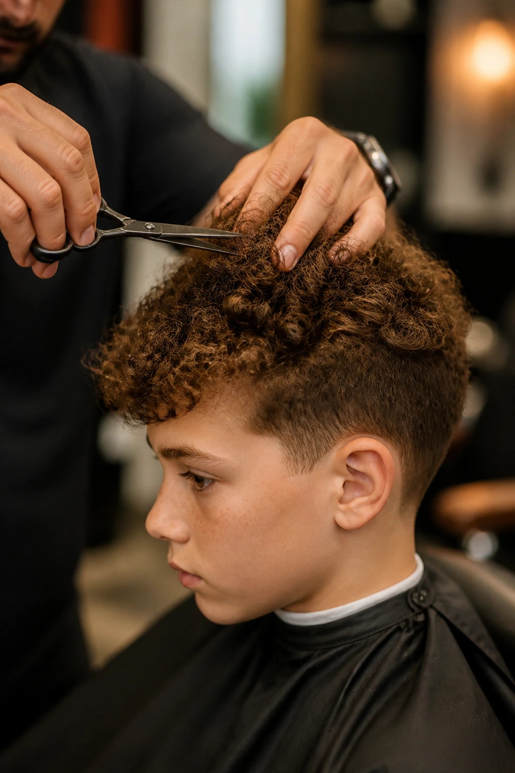 Barber thinning curly crown on a child's hair to remove bulk