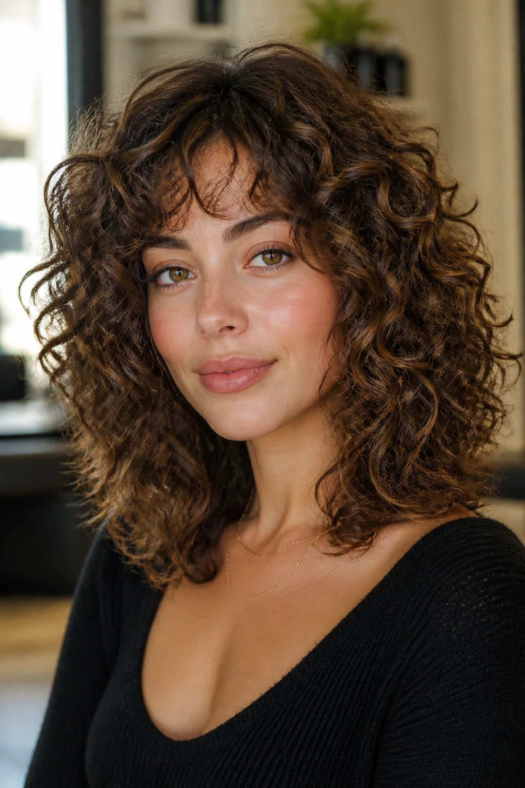Close-up portrait of a real woman with a cohesive curly haircut highlighting curl shape on oval face