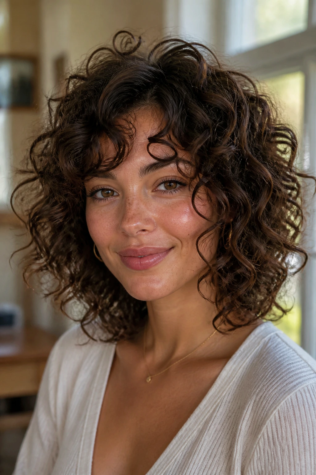 Portrait of a woman with heart-shaped face and curly haircut that frames the jaw