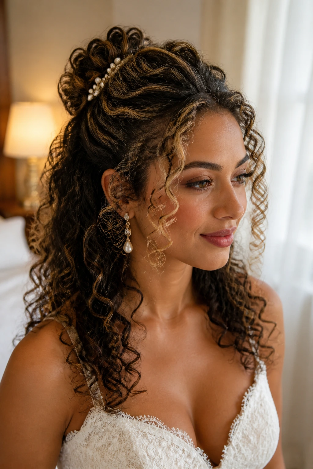 Bride with curly half-up and defined ringlets