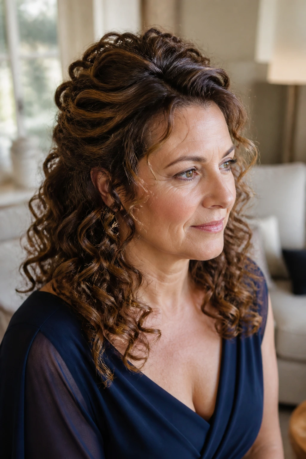 Close-up of a real woman with curly half-up and defined ringlets