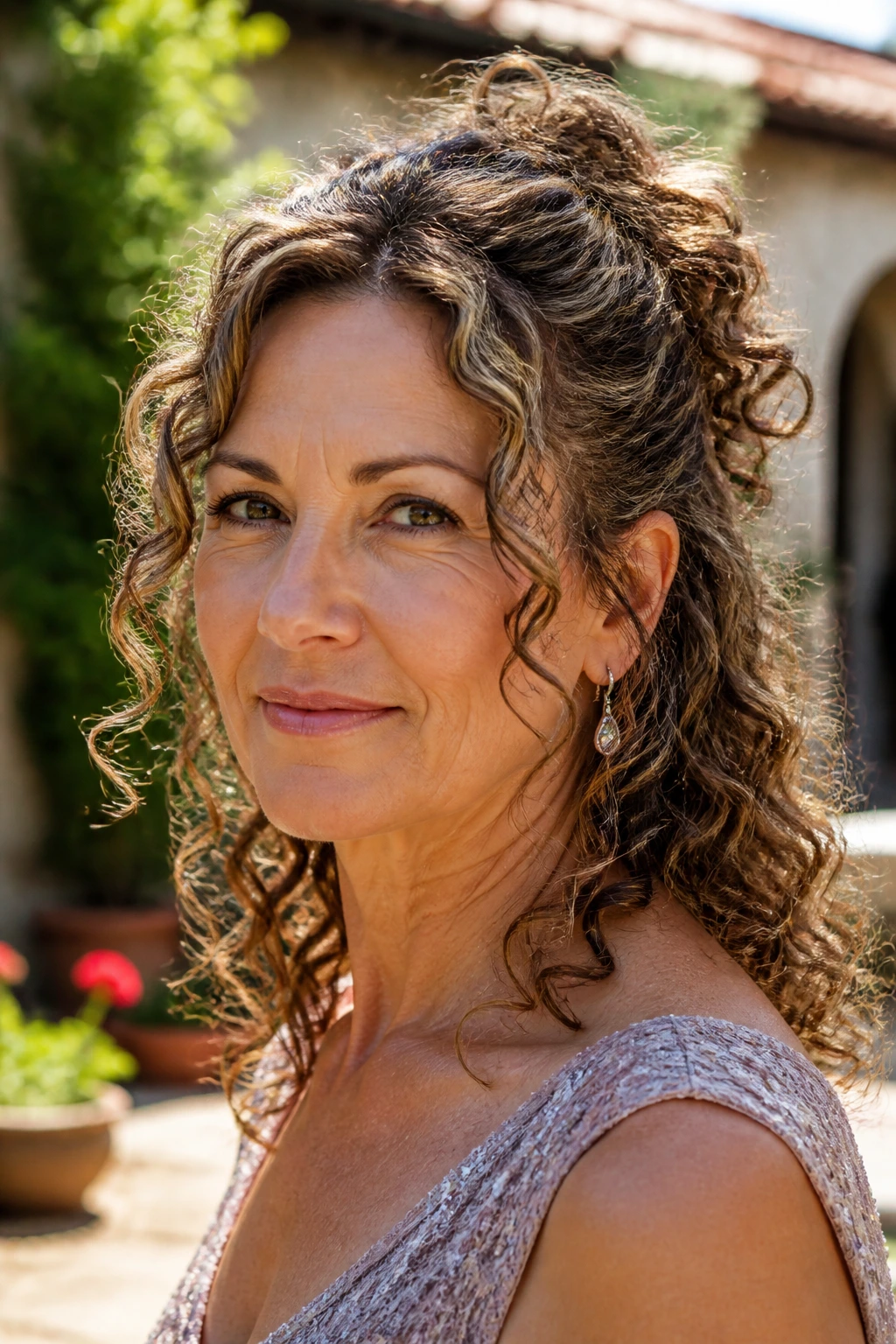 Close-up of a real woman with curly half-up half-down and loose tendrils.