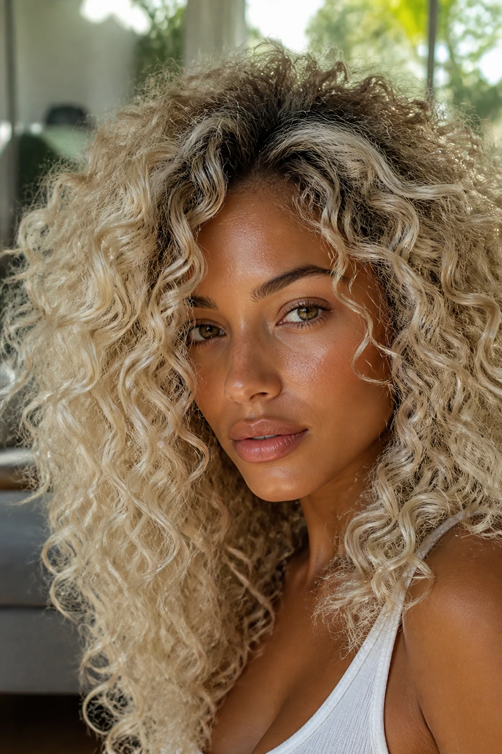 Close-up of a woman with curly halo hair and shadowed roots on tan skin