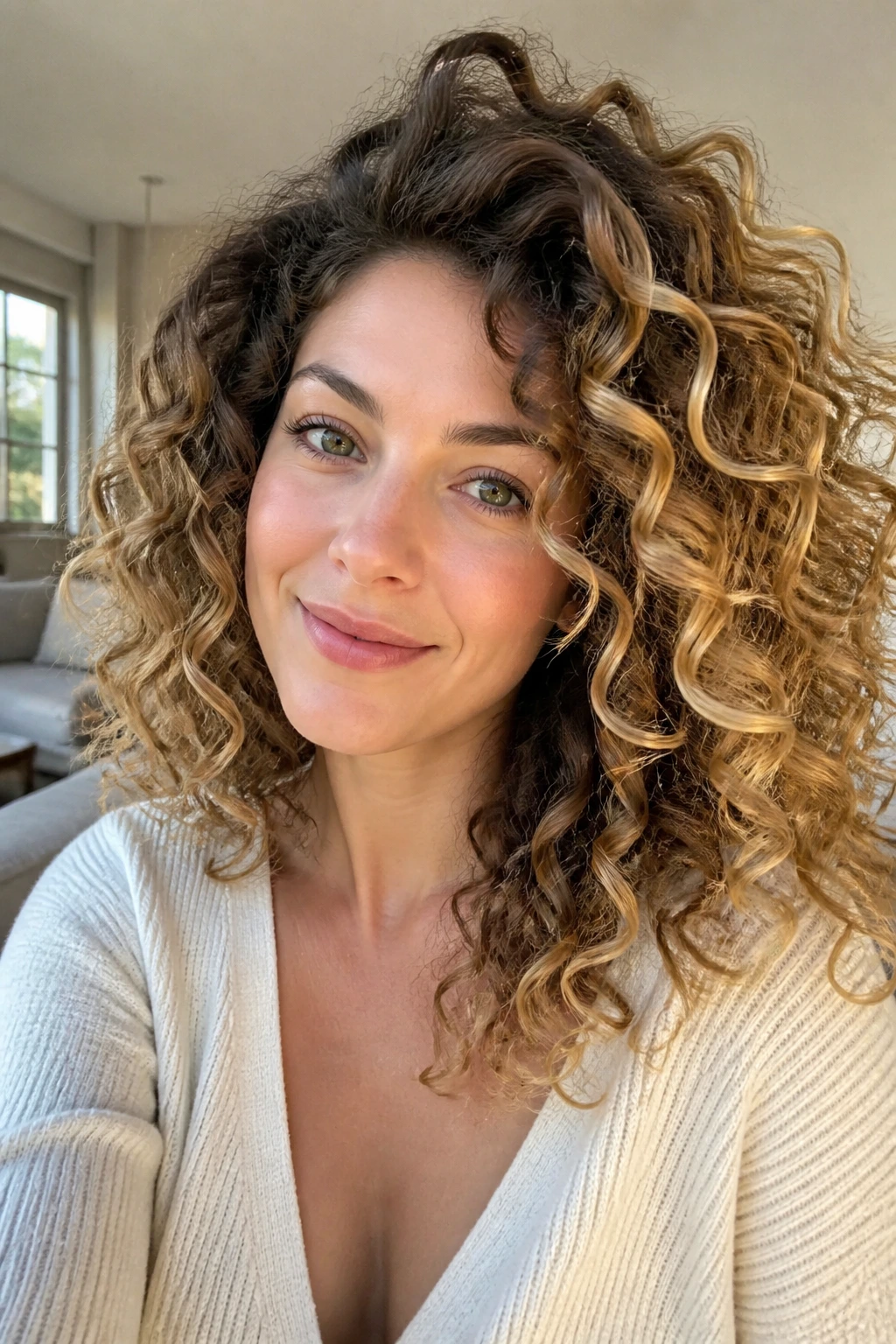 Close-up of curly hair with a halo balayage around outer curls on a real person