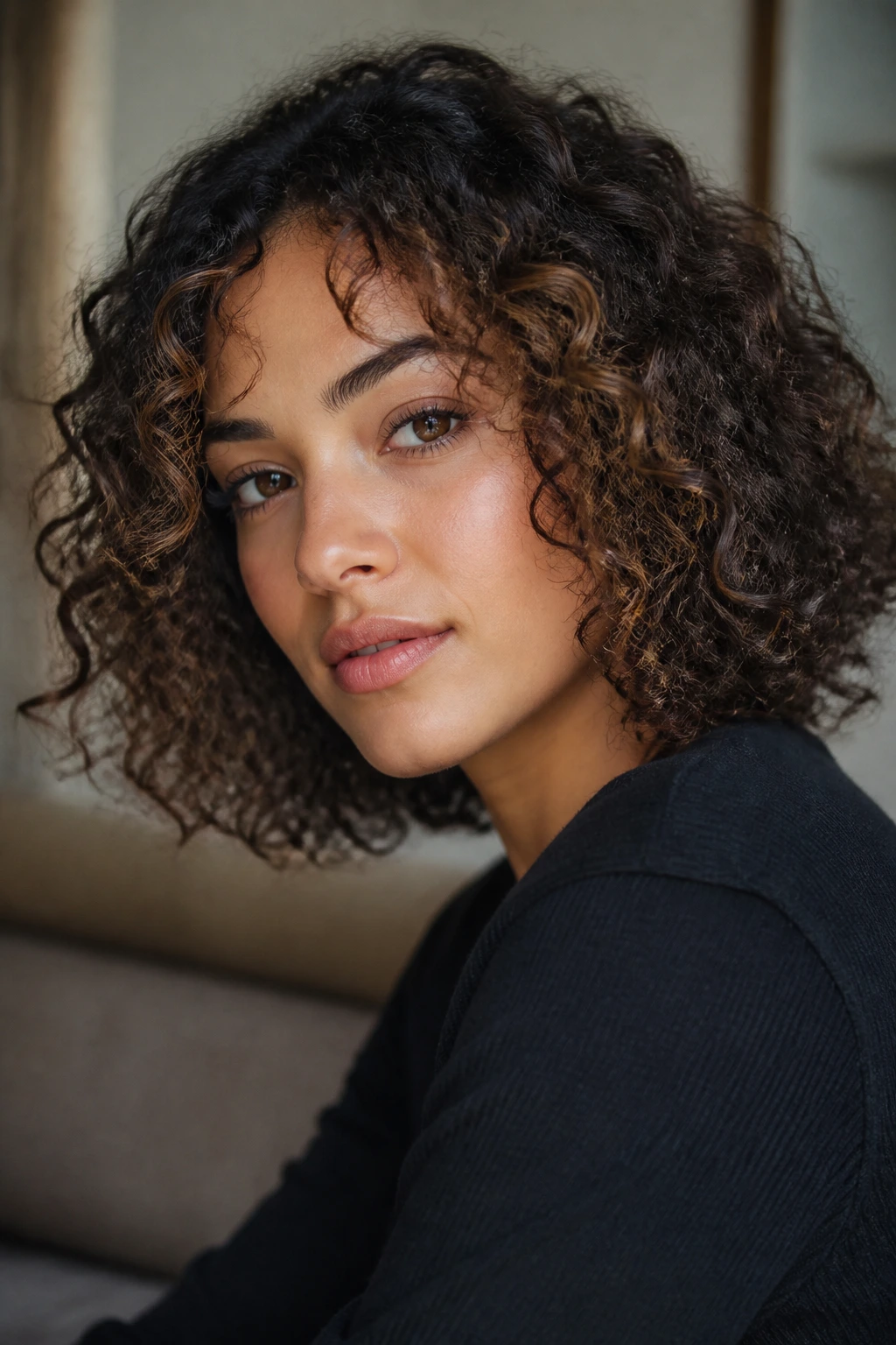 Portrait of a curly-haired person showing a curly halo frame around the hairline