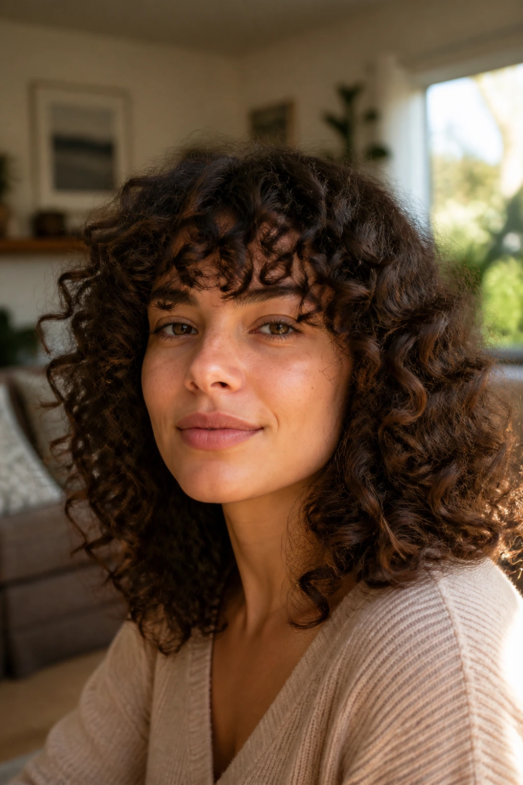 Close-up of a real woman with a curly halo fringe in natural window light