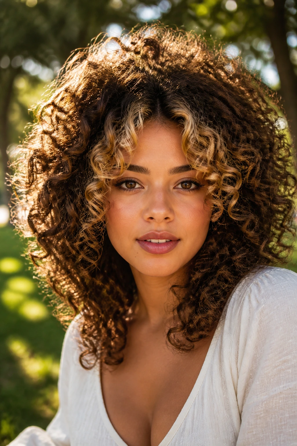 Close-up portrait of a real woman with a big curly halo and warm blonde front arc